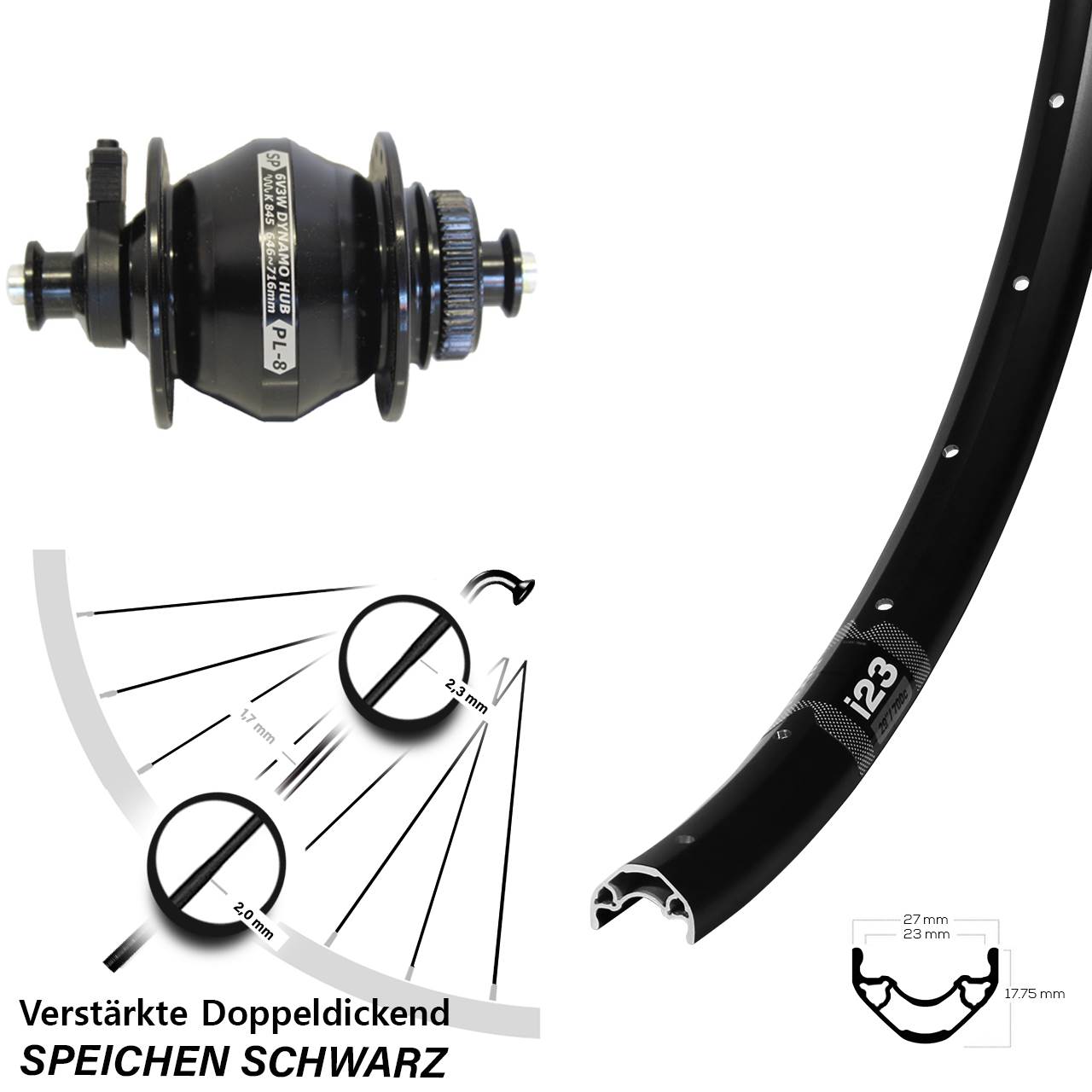 Disc Nabendynamovorderrad 28-29 Zoll WTB i23 Shutter Precision PL-8 für Schnellspanner