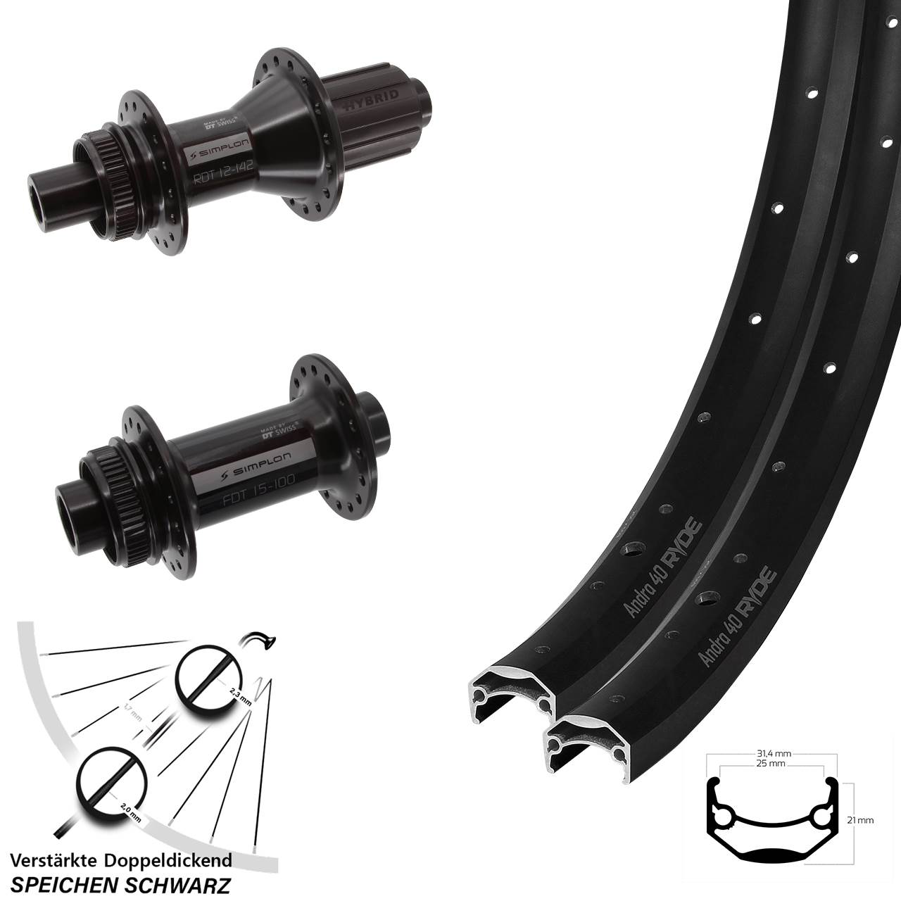 650B Ryde Andra 40 DT Swiss 370 Hybrid Disc Laufrad-Satz 12x100/142 8-11 fach HG