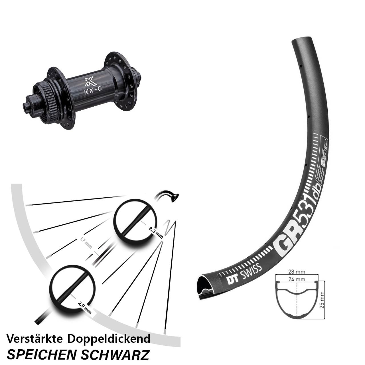 Vorderrad Gravel 28 Zoll DT Swiss GR 531 DB Nabe Centerlock KX-G 5x100 mm Sapim E-Light
