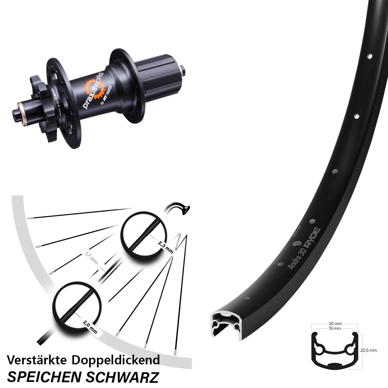 Hinterrad 6-Loch 29 Zoll Ryde Andra 30 Disc DT Swiss 350 QR 11-fach 8-11 fach