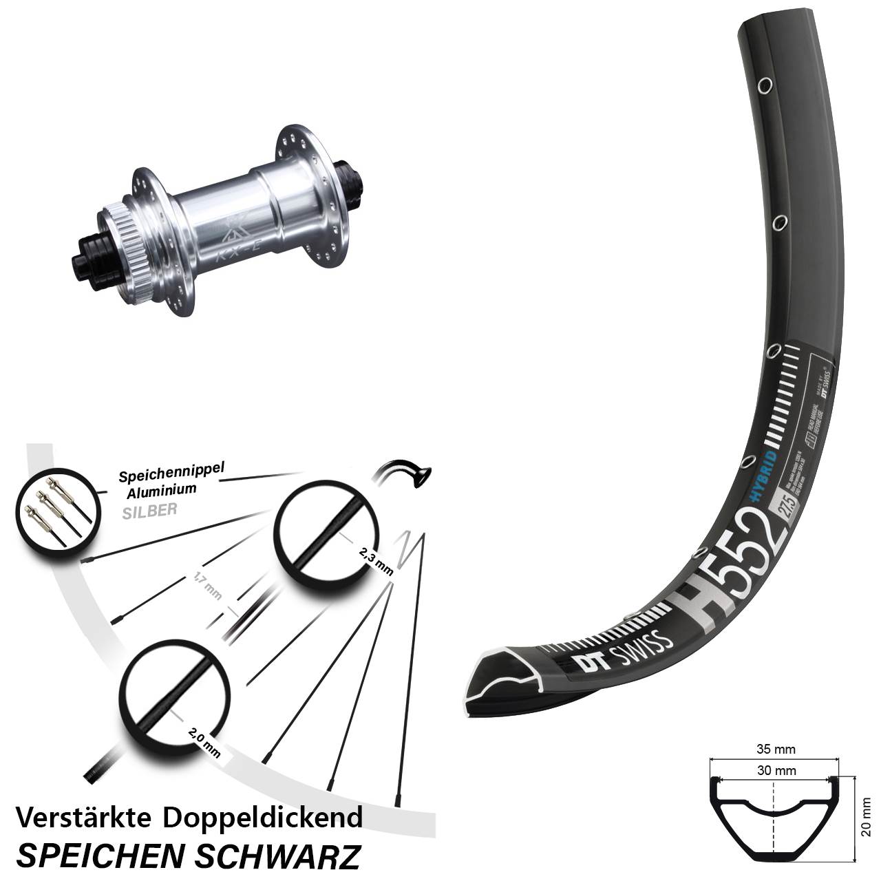 Vorderrad DT Swiss H 552 Disc 29 Zoll KX-E Schnellspanner 5x100 mm Centerlock E-Bike