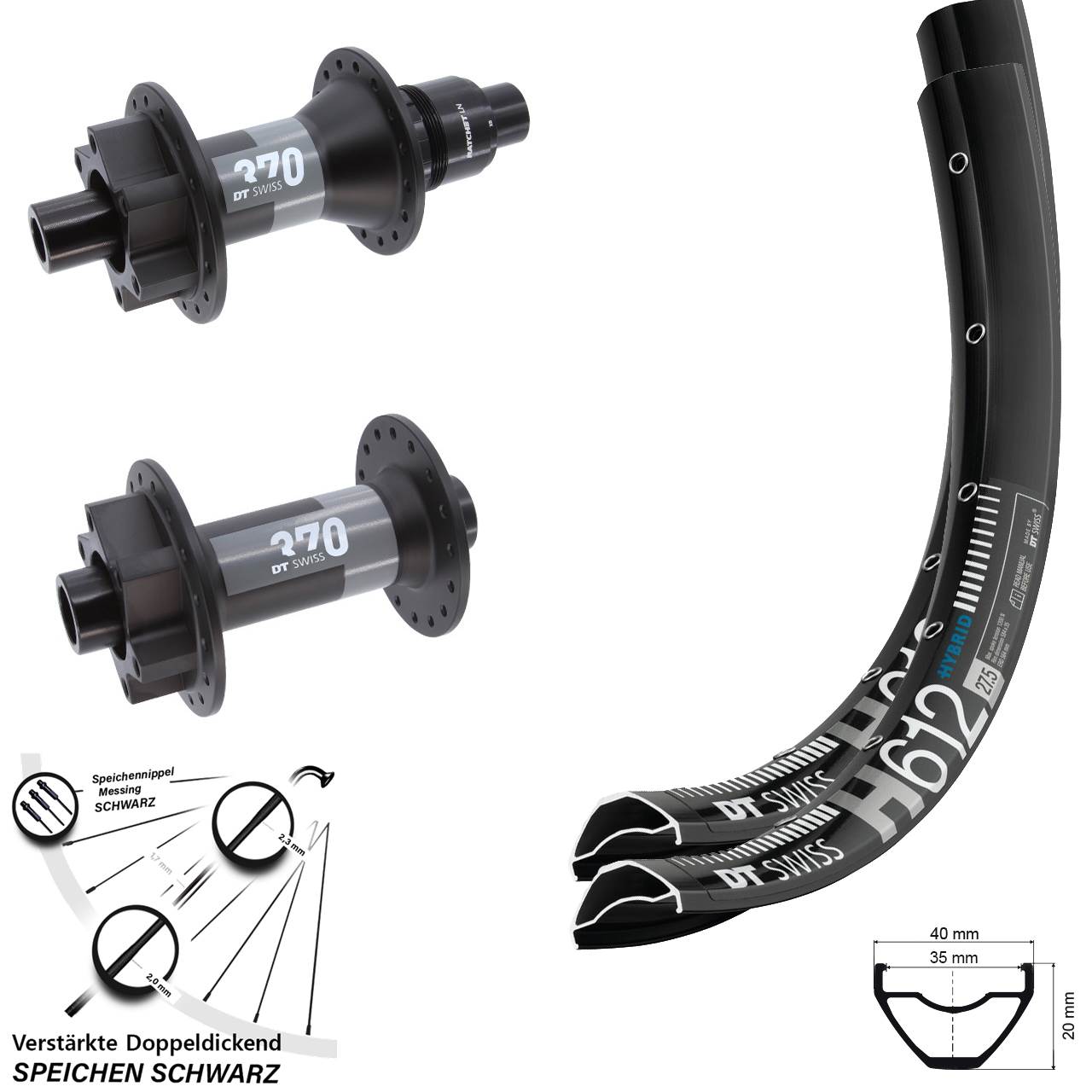 DT Swiss H 612 370 27,5 Zoll Disc Laufrad-Satz 15x110 12x148 SRAM XD