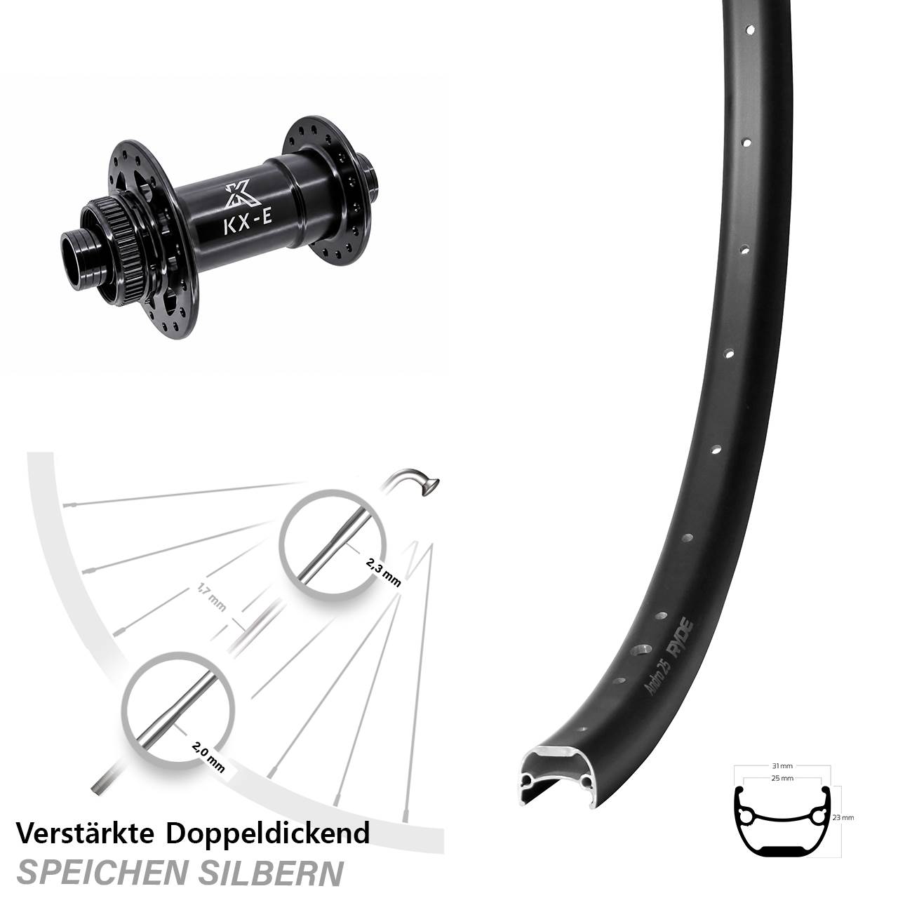 28-29 Zoll Vorderrad KX-E 15x110 Centerlock Ryde Andra 25