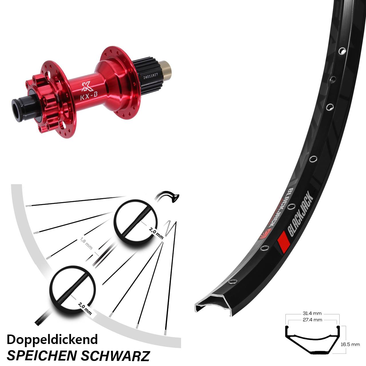 29 Zoll Rodi Ready 27 KX-B rot Disc Hinterrad 12x148 Micro Spline