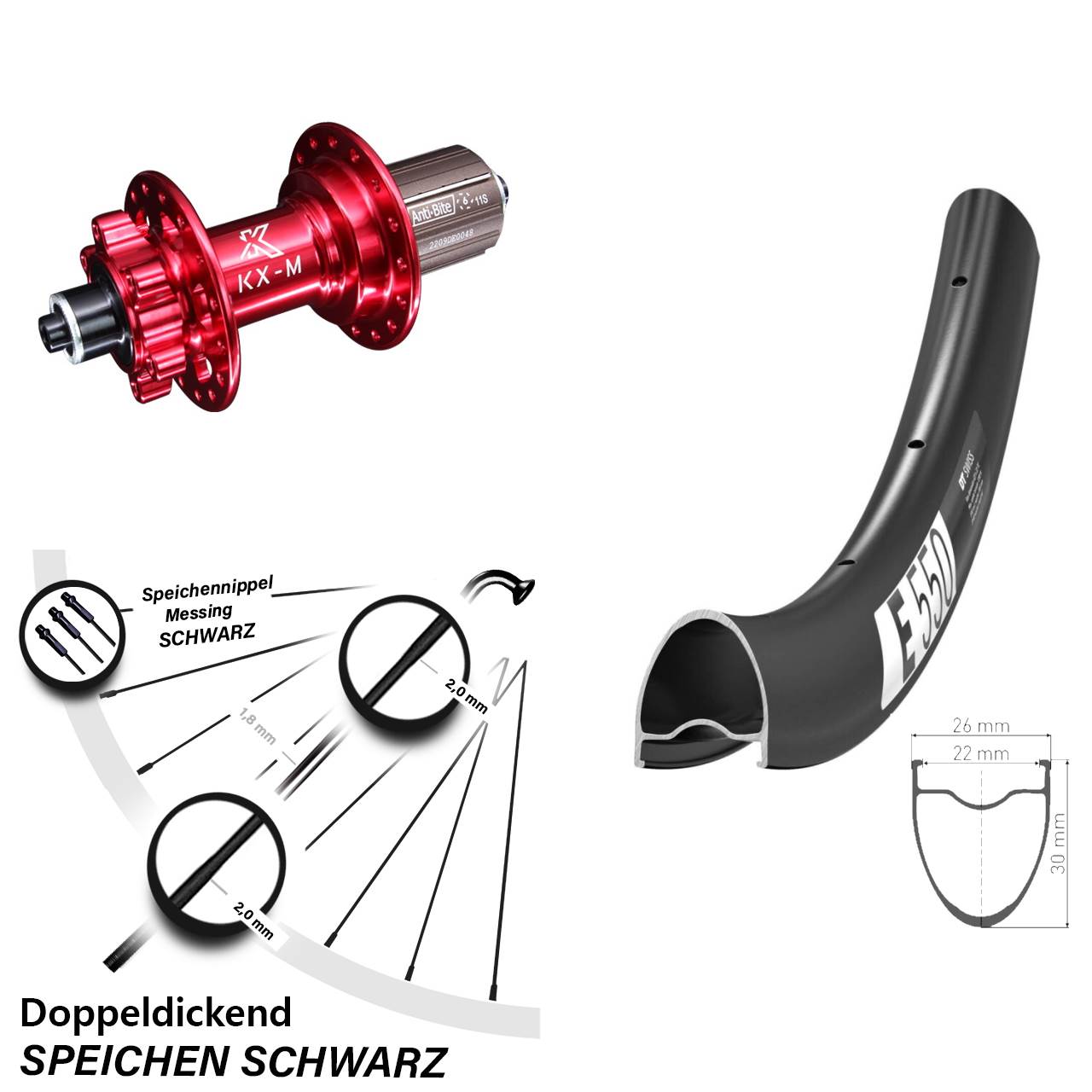 6-Loch Hinterrad für Schnellspanner 28 Zoll DT Swiss E550 KX-M rot 8-12 fach