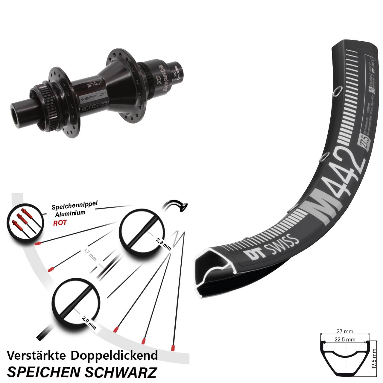 DT Swiss M 442-370 28-29 Zoll Disc Hinterrad 12x142 SRAM XD