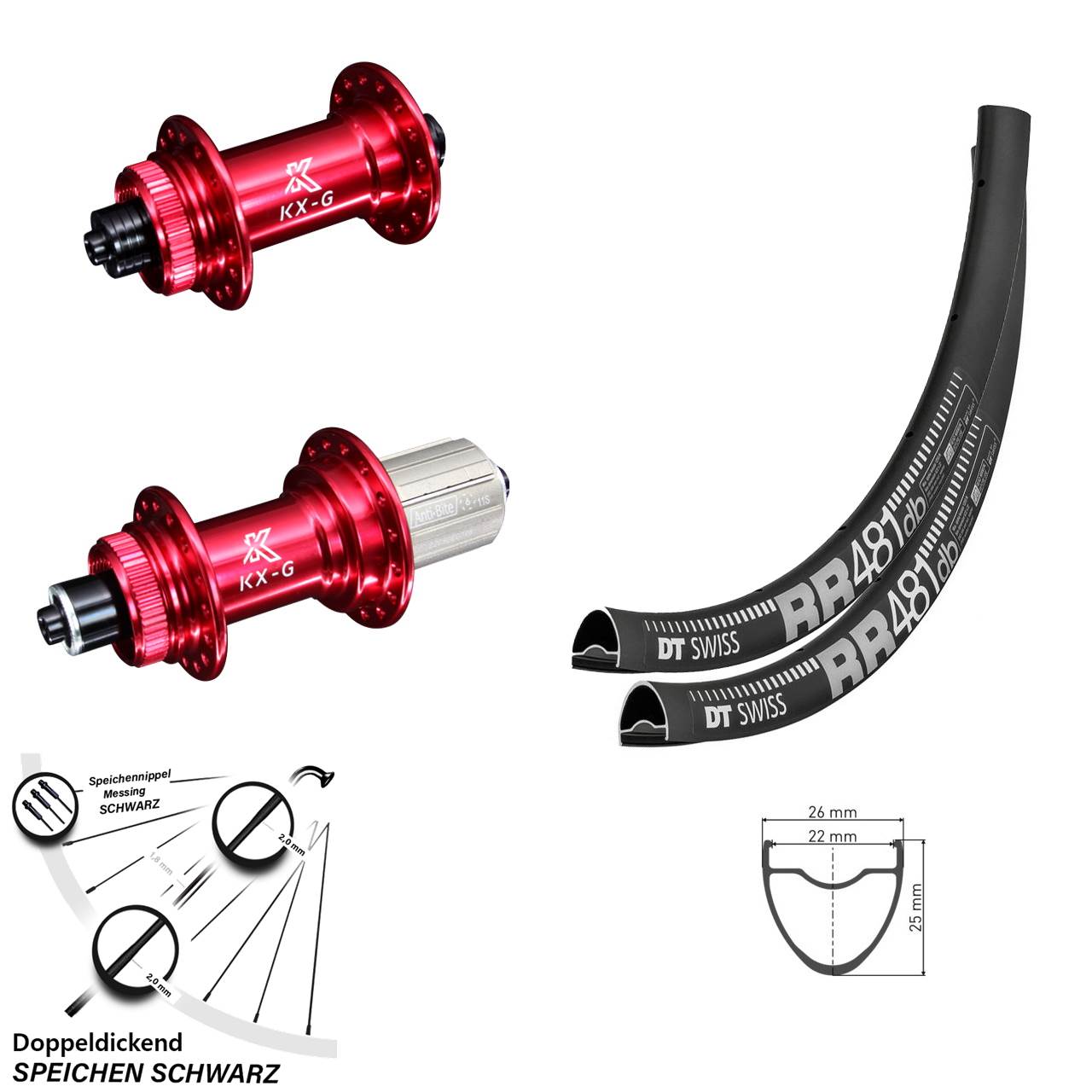 28 Zoll Road Disc Laufradsatz DT Swiss RR 481 Nabe KX-G rot eloxiert 100/135 mm