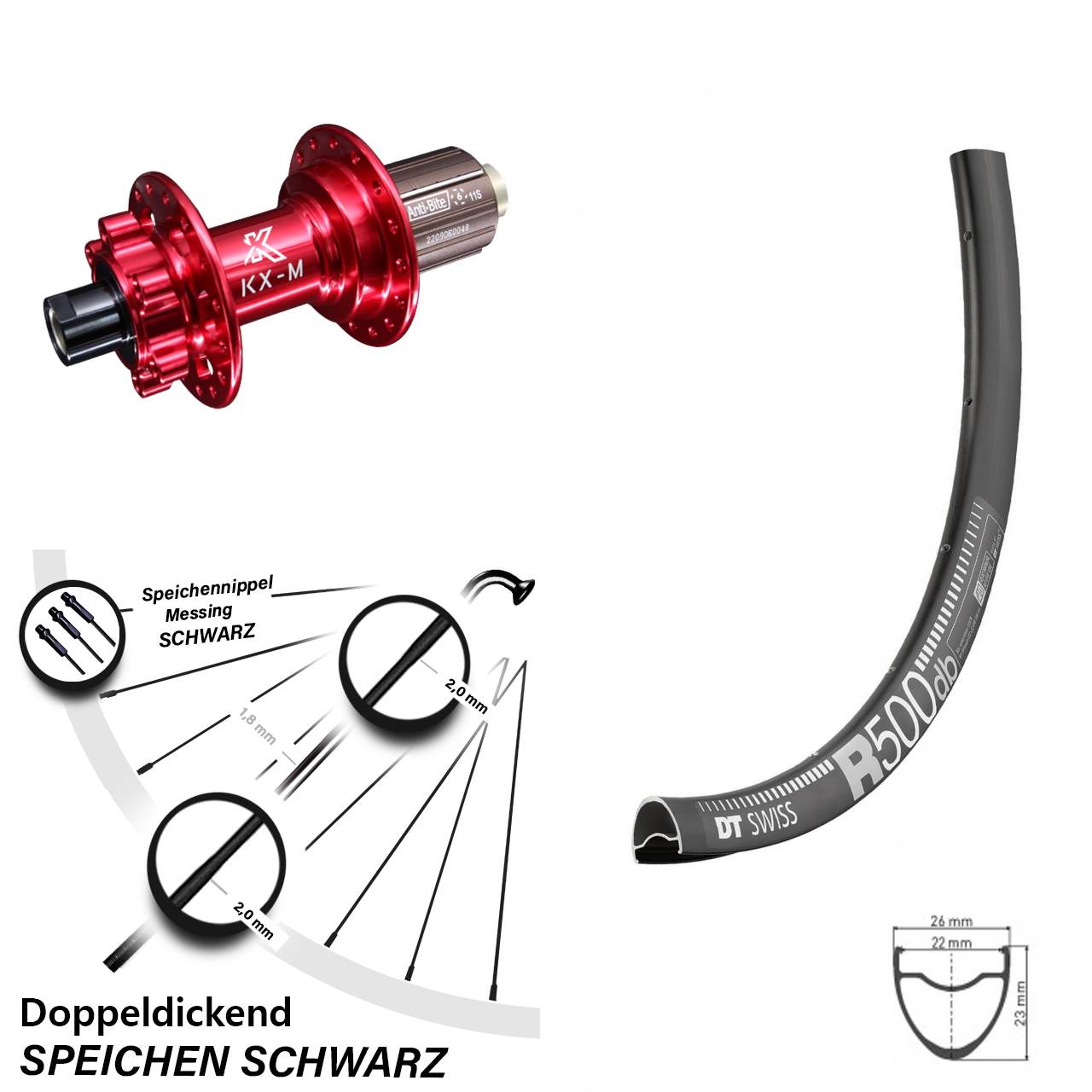 Hinterrad KX-M rot 12x142 mm 8-12 fach DT Swiss R 500 Road Disc 28 Zoll