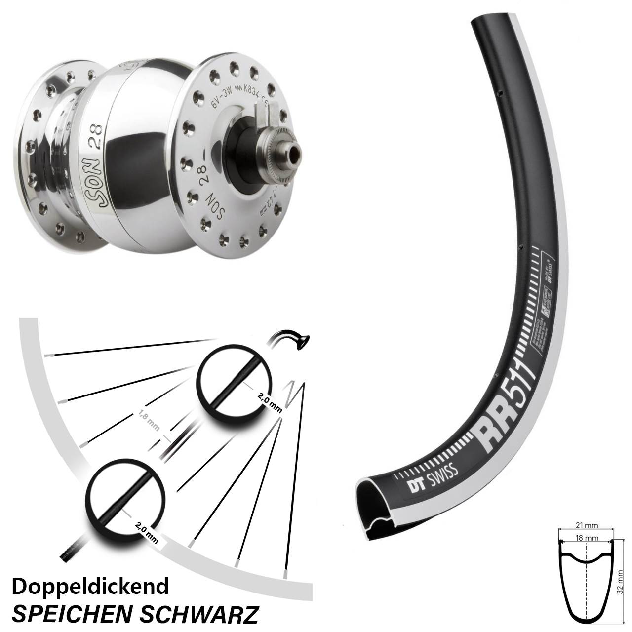 28 Zoll DT Swiss RR511 CNC SON 28 Dynamo-Vorderrad für Schnellspanner