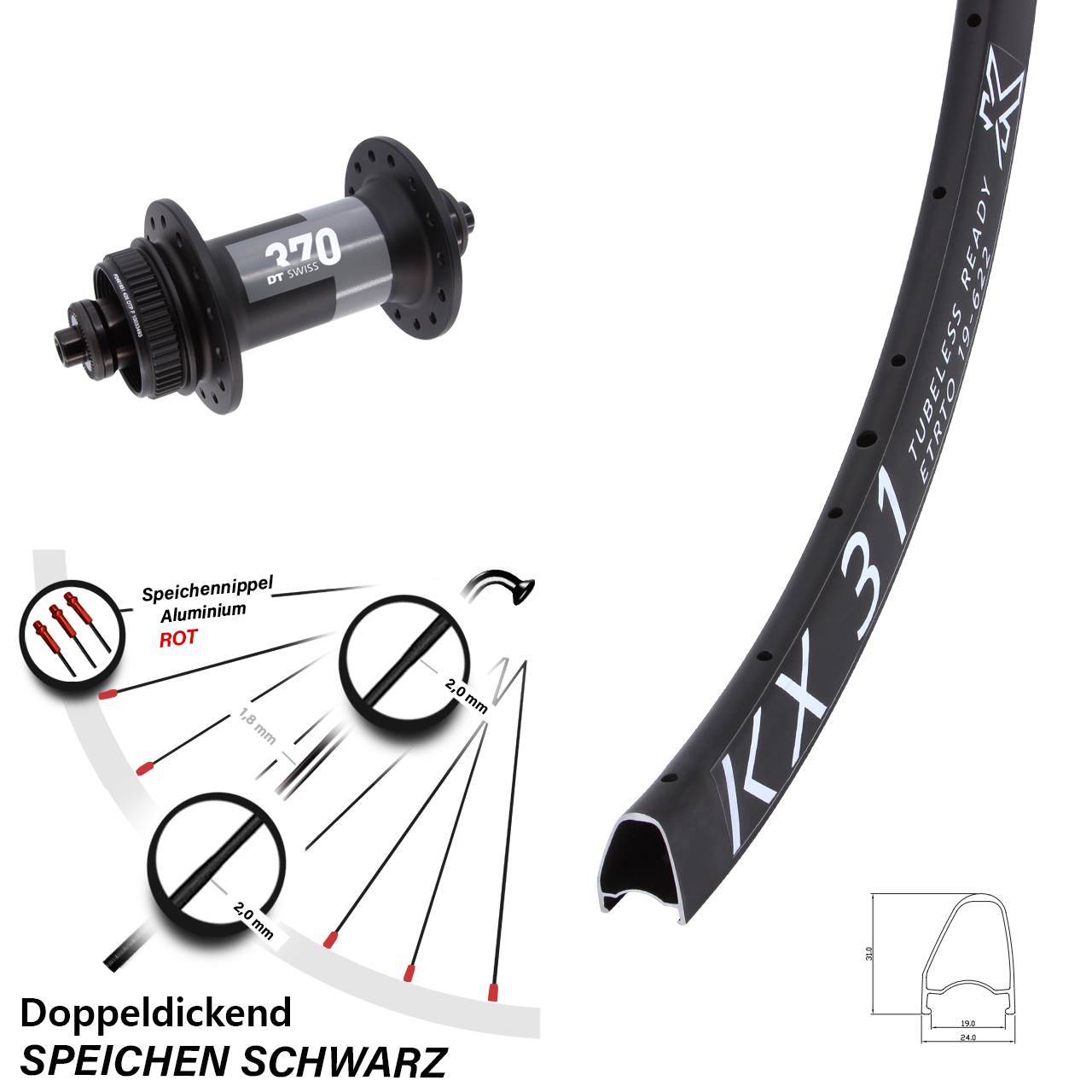 28 Zoll KX 31 Offset DT Swiss 370 Disc Laufrad QR