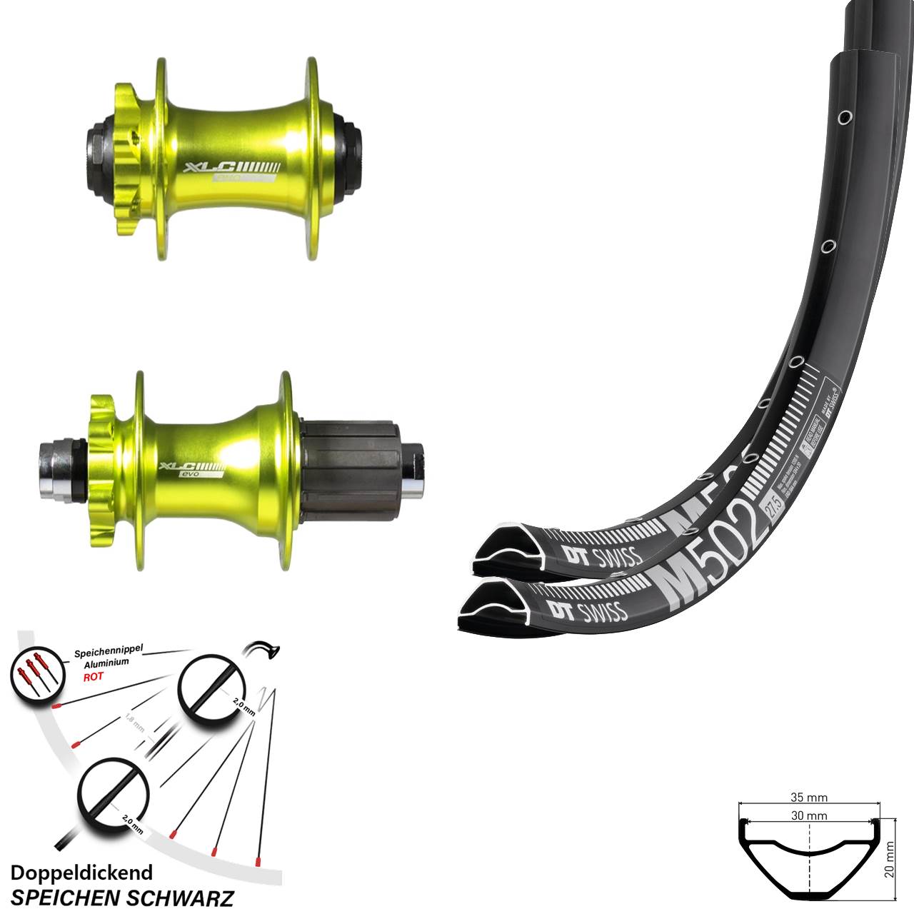MTB Laufradsatz 29 Zoll DT Swiss M 502 Nabe XLC Pro grün eloxiert 100/142 mm Steckachse