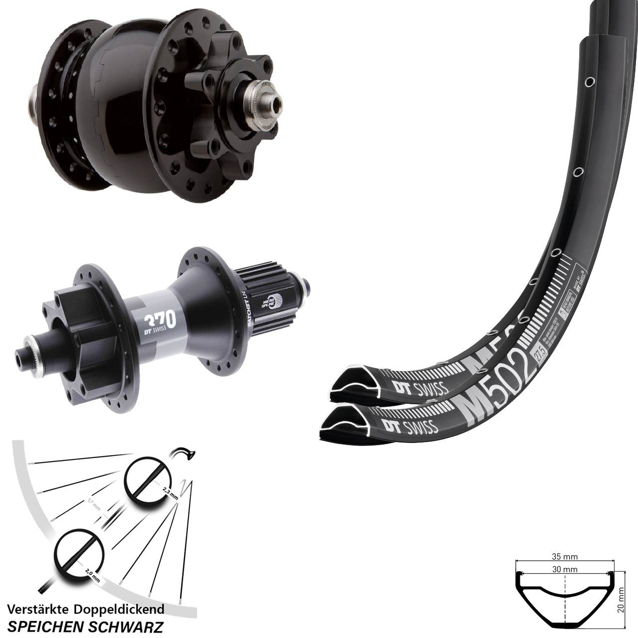 DT Swiss M502 370 SON 28 27,5 Zoll 6-Loch Laufradsatz QR Micro Spline