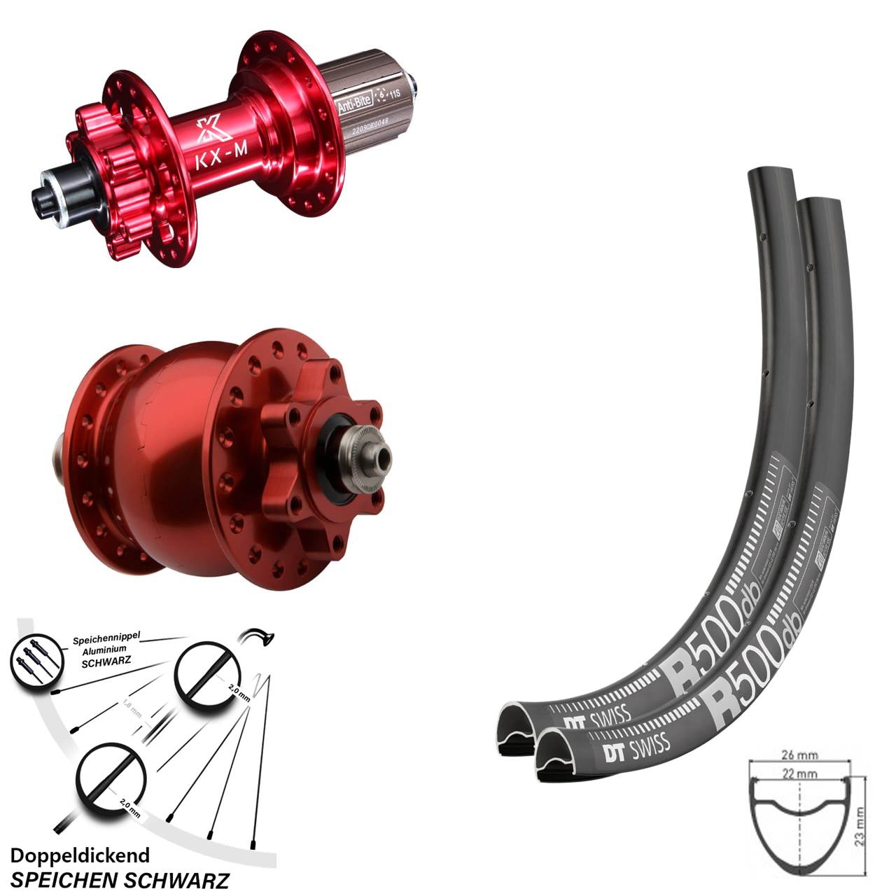 DT Swiss R 500 Laufradsatz Dynamo 6-loch SON 28 rot eloxiert KX-M 11-fach Schnellspanner