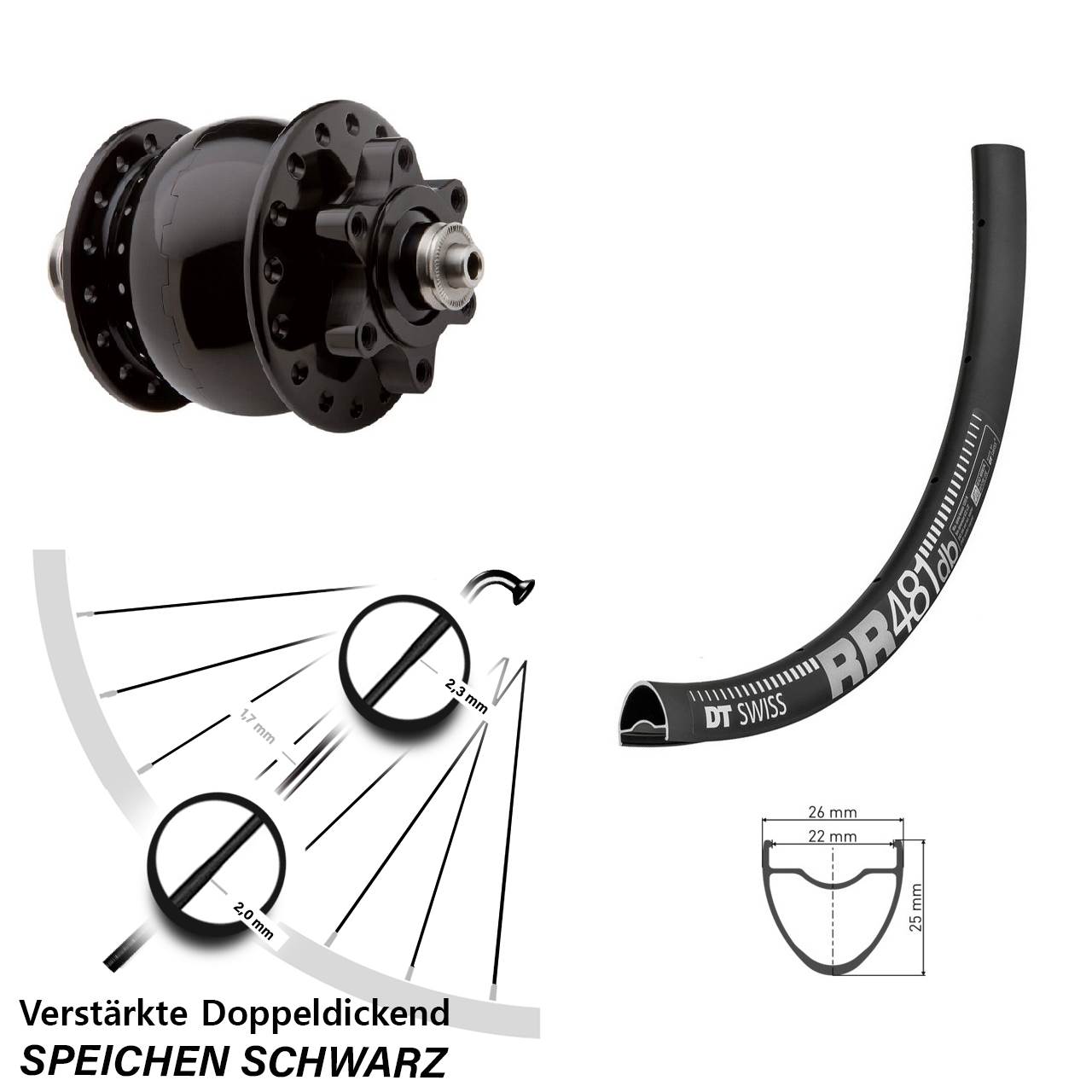 6-Loch Dynamo-Vorderrad SON 28 Zoll DT Swiss RR481 für Schnellspanner