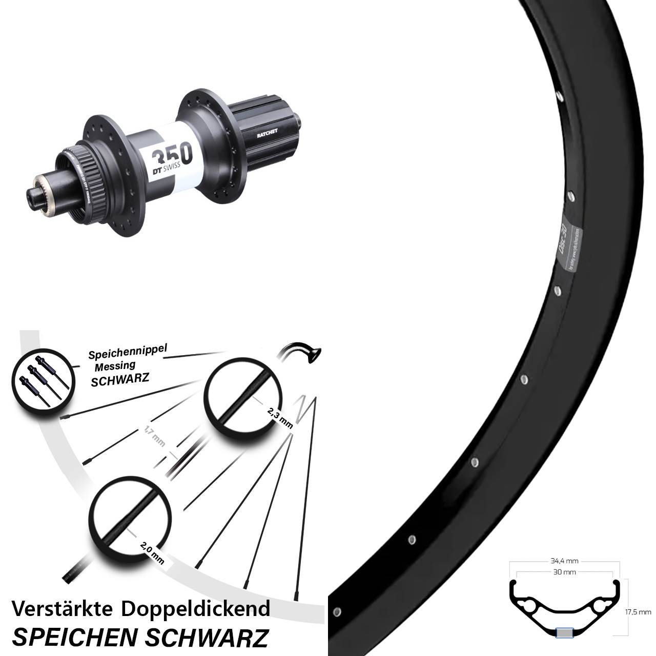 Boost Hinterrad für Schnellspanner 29 Zoll Ryde Disc 30 DT Swiss 350 8-11 fach