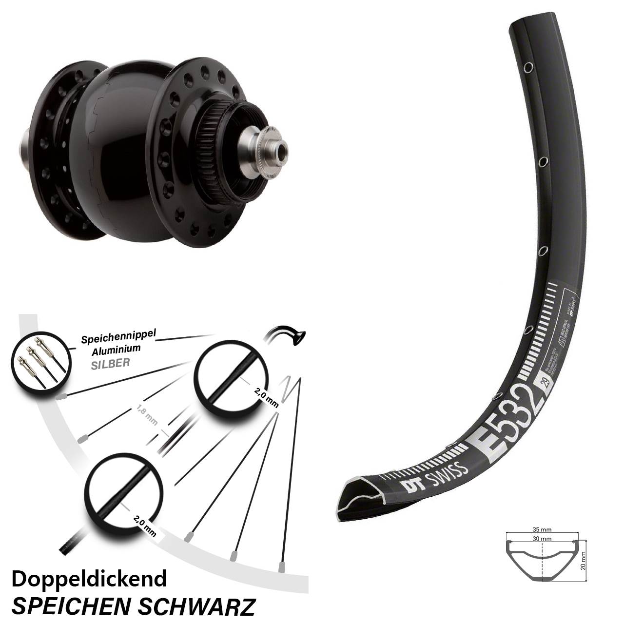 Nabendynamo-Vorderrad Centerlock 29 Zoll DT Swiss E532 SON 28 QR