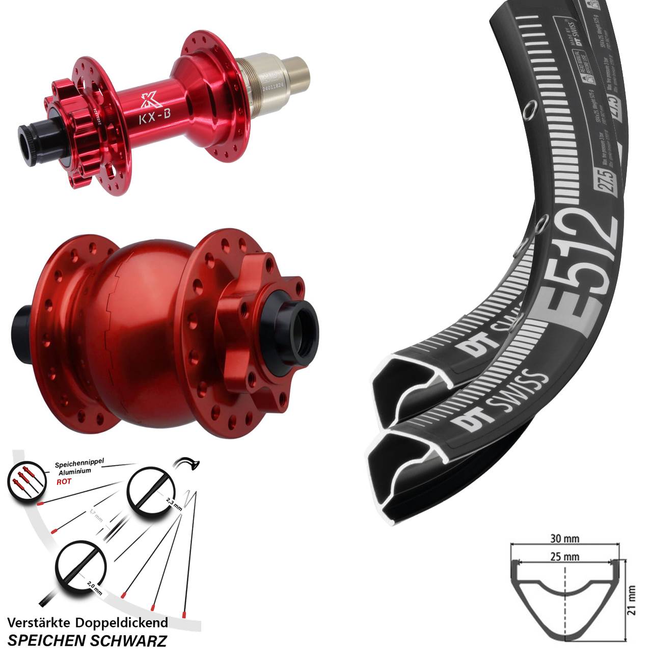 6-Loch Laufradsatz 15x110 12x148 29 Zoll DT Swiss E 512 KX-B rot SON 28 SRAM XD