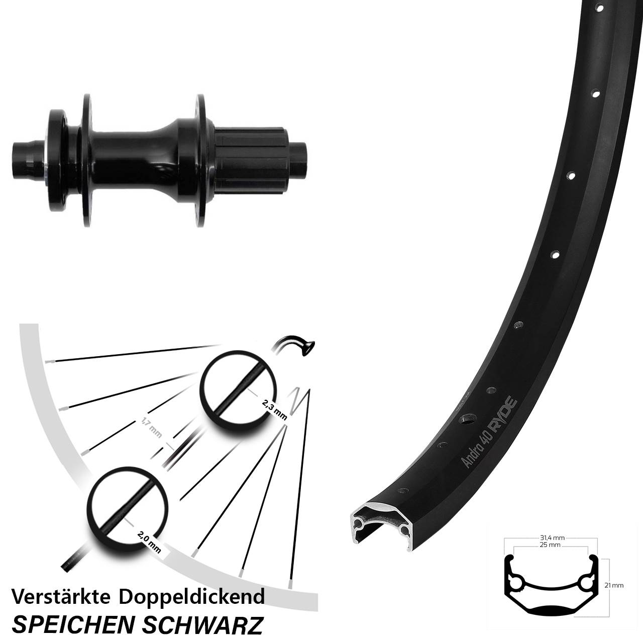26 Zoll Ryde Andra 40 Fastace DA210 Hinterrad 6-Loch 12x148 8-12 fach HG