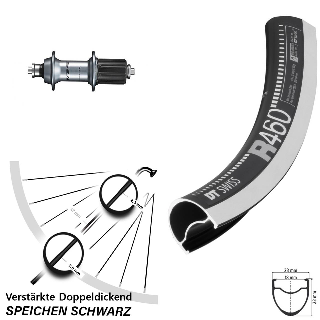 Hinterrad 28 Zoll DT Swiss R 460 Shimano FH-R7000 8-12 fach HG QR
