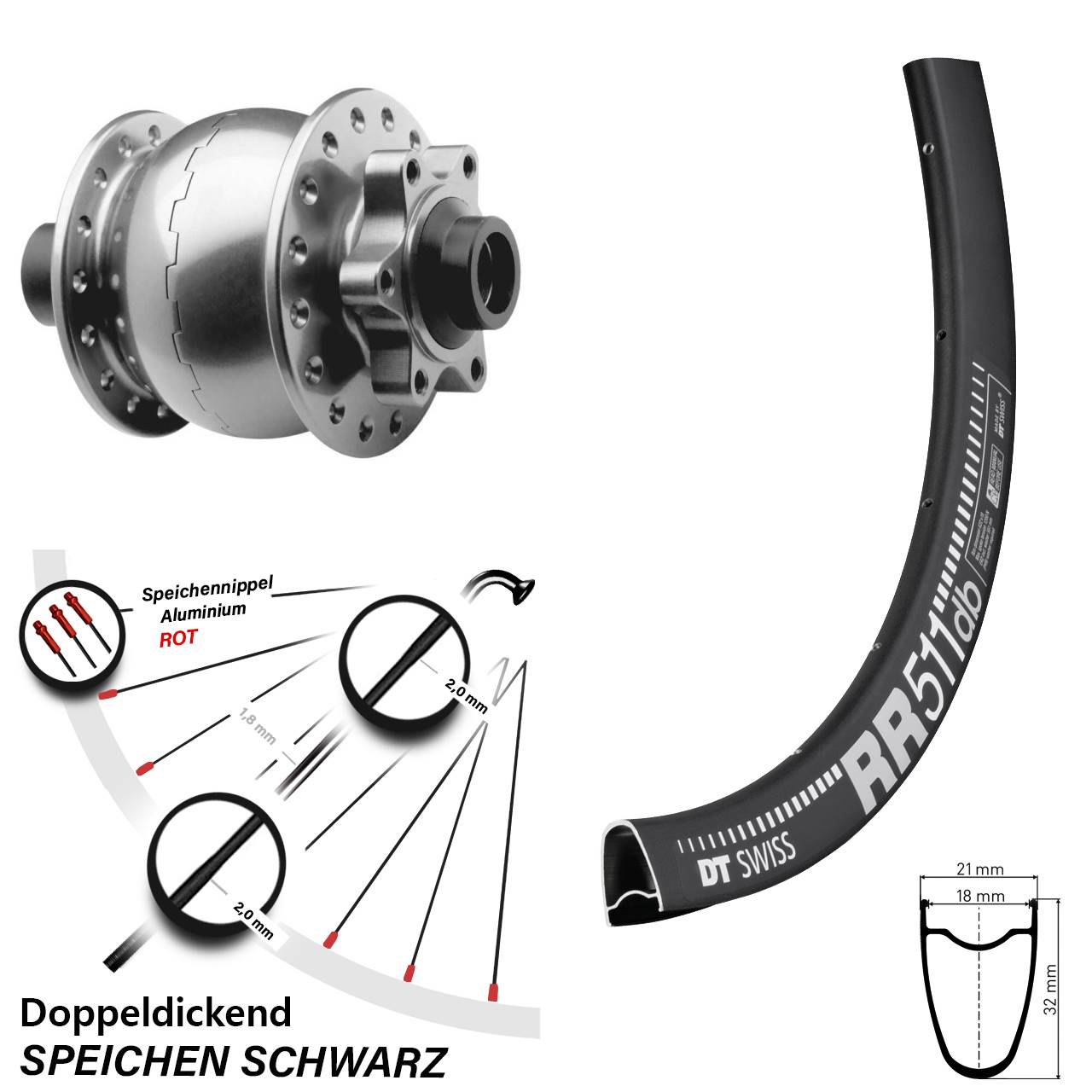 Disc Laufrad mit Nabendynamo 28 Zoll DT Swiss RR 511 SON 28 silbern 15x100