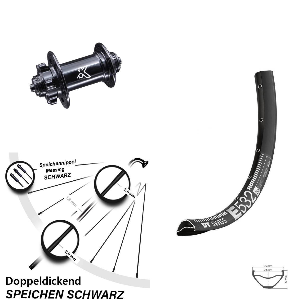 KX-M Nabe 5x100 mm DT Swiss E 532 Vorderrad 29 Zoll für 6-Loch