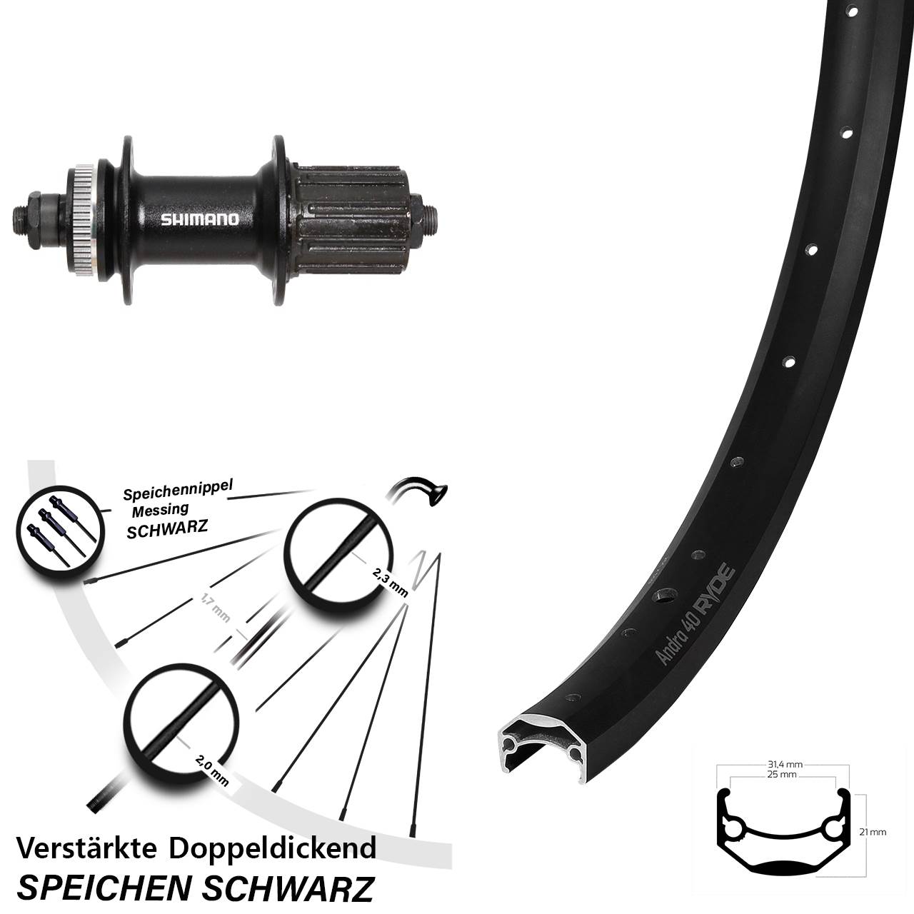 26 Zoll Ryde Andra 40 Shimano FH-UR600 schwarz Disc Laufrad QR 8-12 fach HG