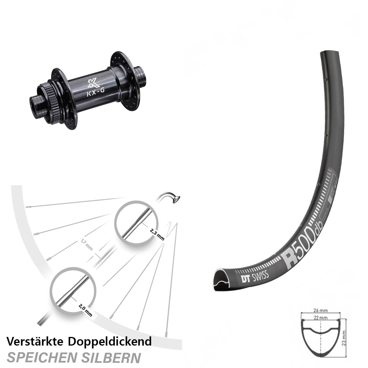Road Disc DT Swiss R 500 Vorderrad 28 Zoll verstärkt mit KX-G Nabe 12x100 mm Centerlock