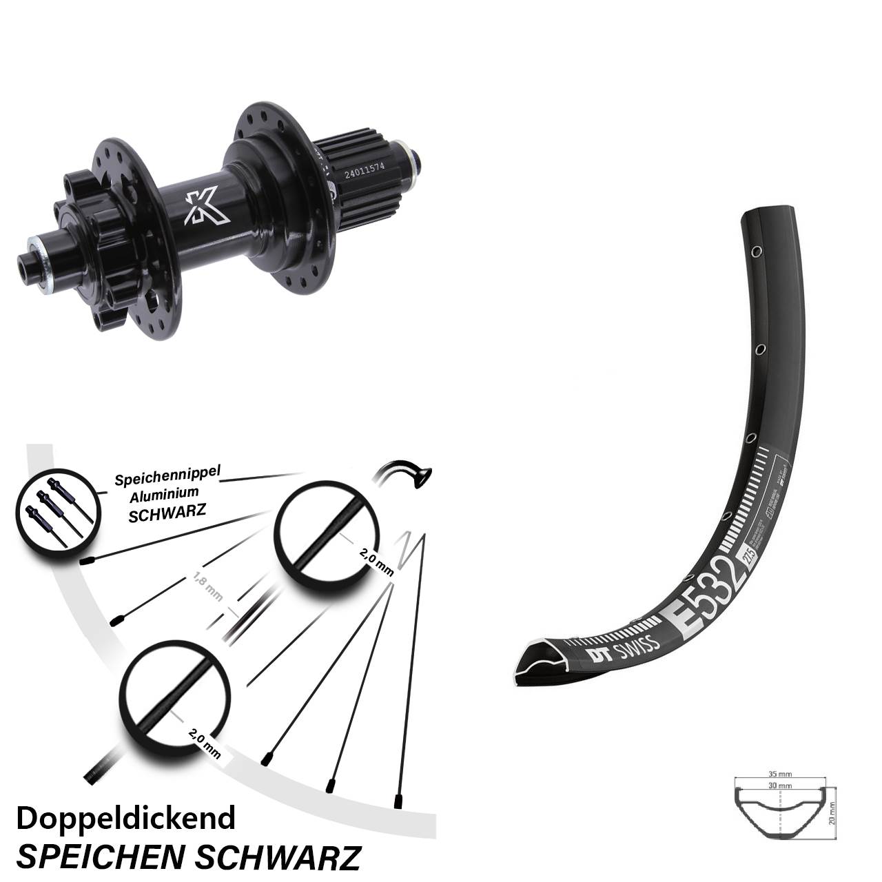 Hinterrad 6-Loch 29 Zoll DT Swiss E 532 KX-M Micro Spline für Schnellspanner