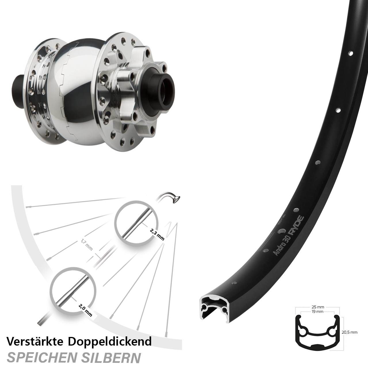 6-Loch Dynamo-Vorderrad 28-29 Zoll Ryde Andra 30 SON 28 15x100