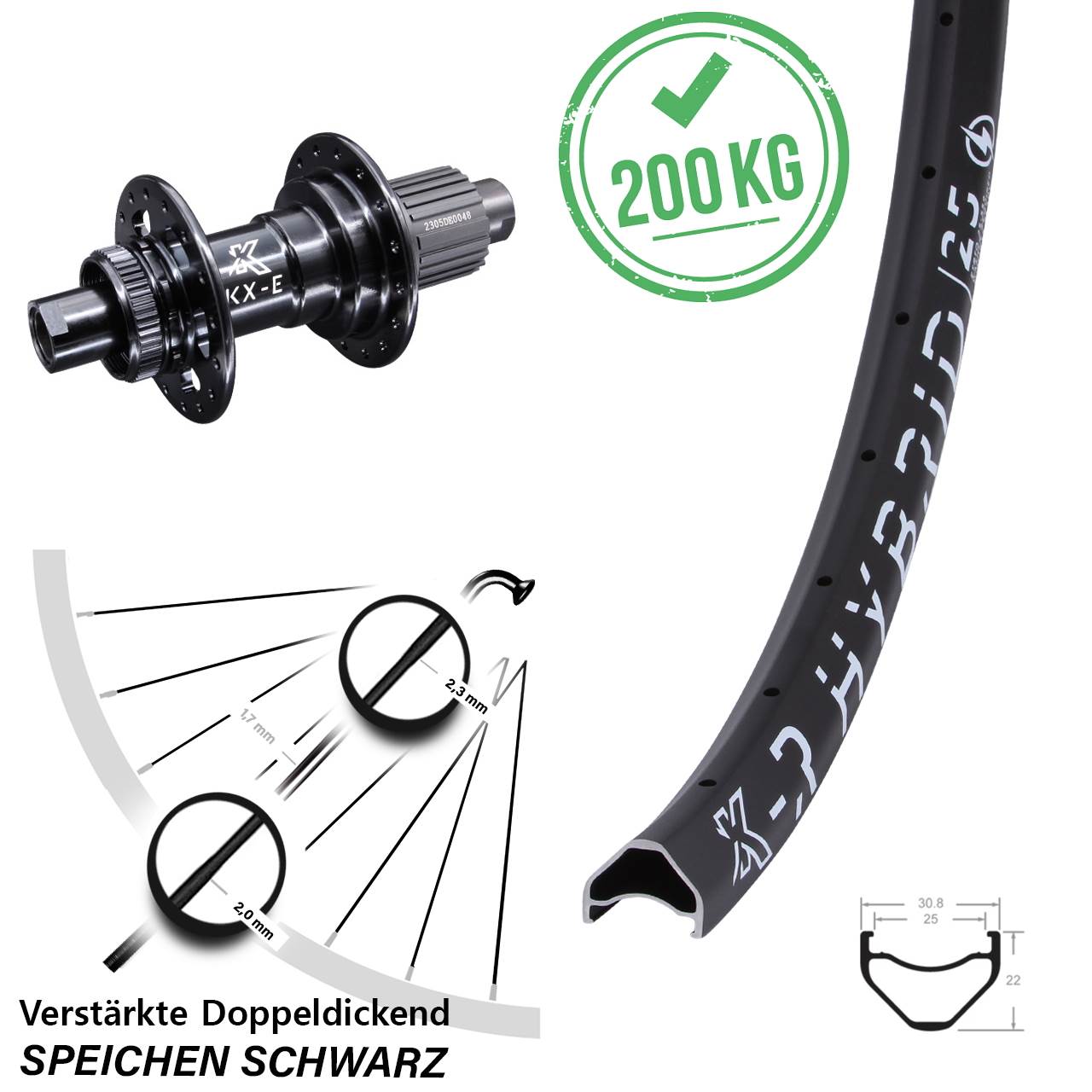 KX-R Hybrid 25 E-Bike Hinterrad 28-29 Zoll 12x142 mm Micro Spline Centerlock