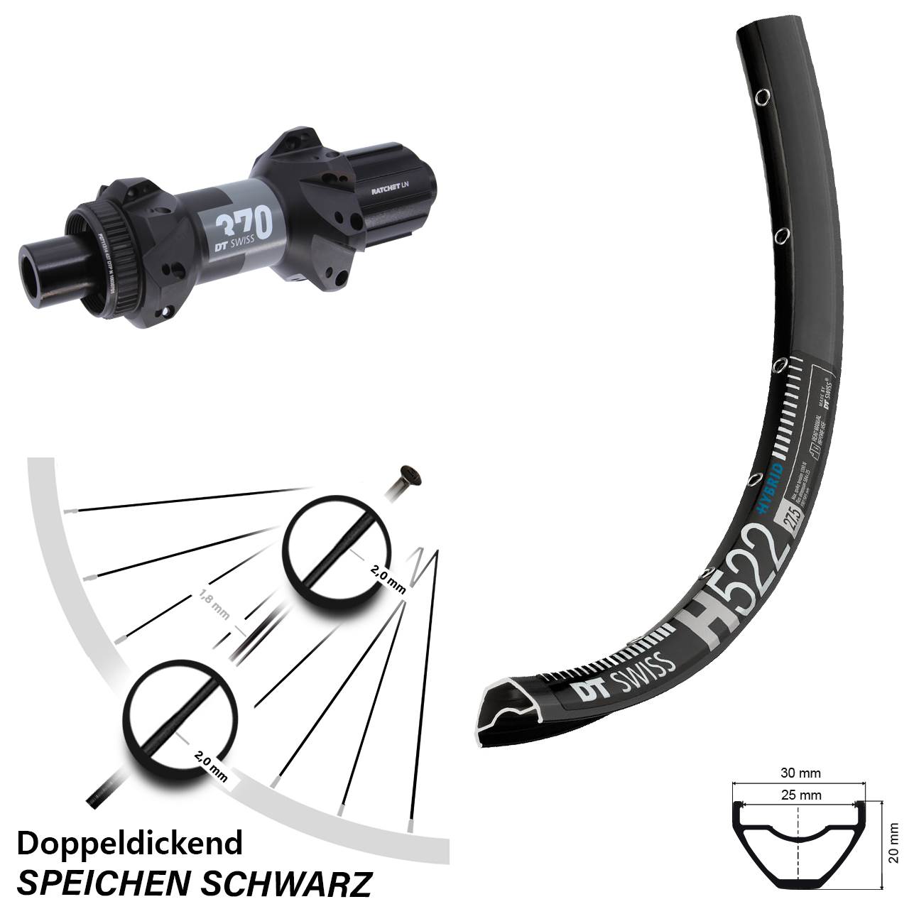 27,5 Zoll DT Swiss H 522 370 Straightpull Disc Hinterrad 12x148 8-11 fach