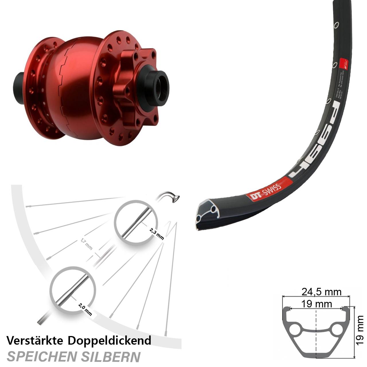 28-29 Zoll DT Swiss 466d SON 28 rot Disc Vorderrad mit Nabendynamo 15x100
