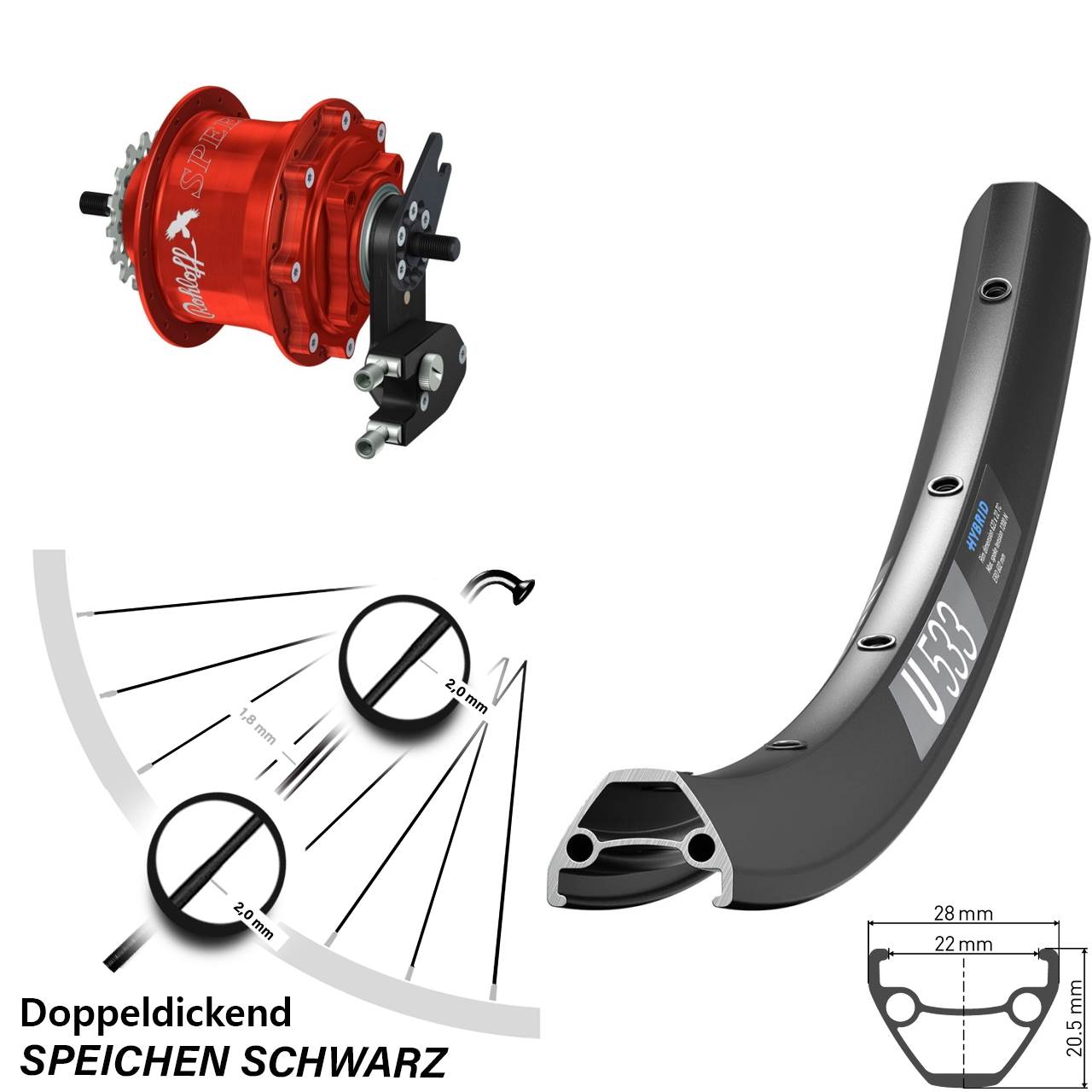 Disc Hinterrrad 28-29 Zoll DT Swiss U533 Rohloff Speedhub TS DB OEM2 Tandem rot