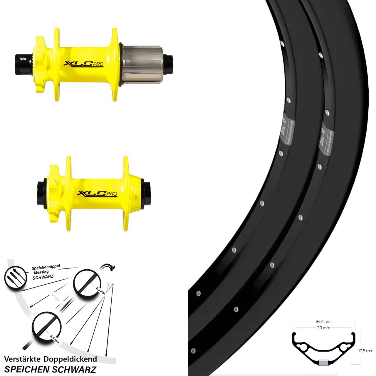 Laufradsatz 27,5 Zoll Ryde Disc 30 XLC Pro gelb 8-11 fach 15x100 12x142