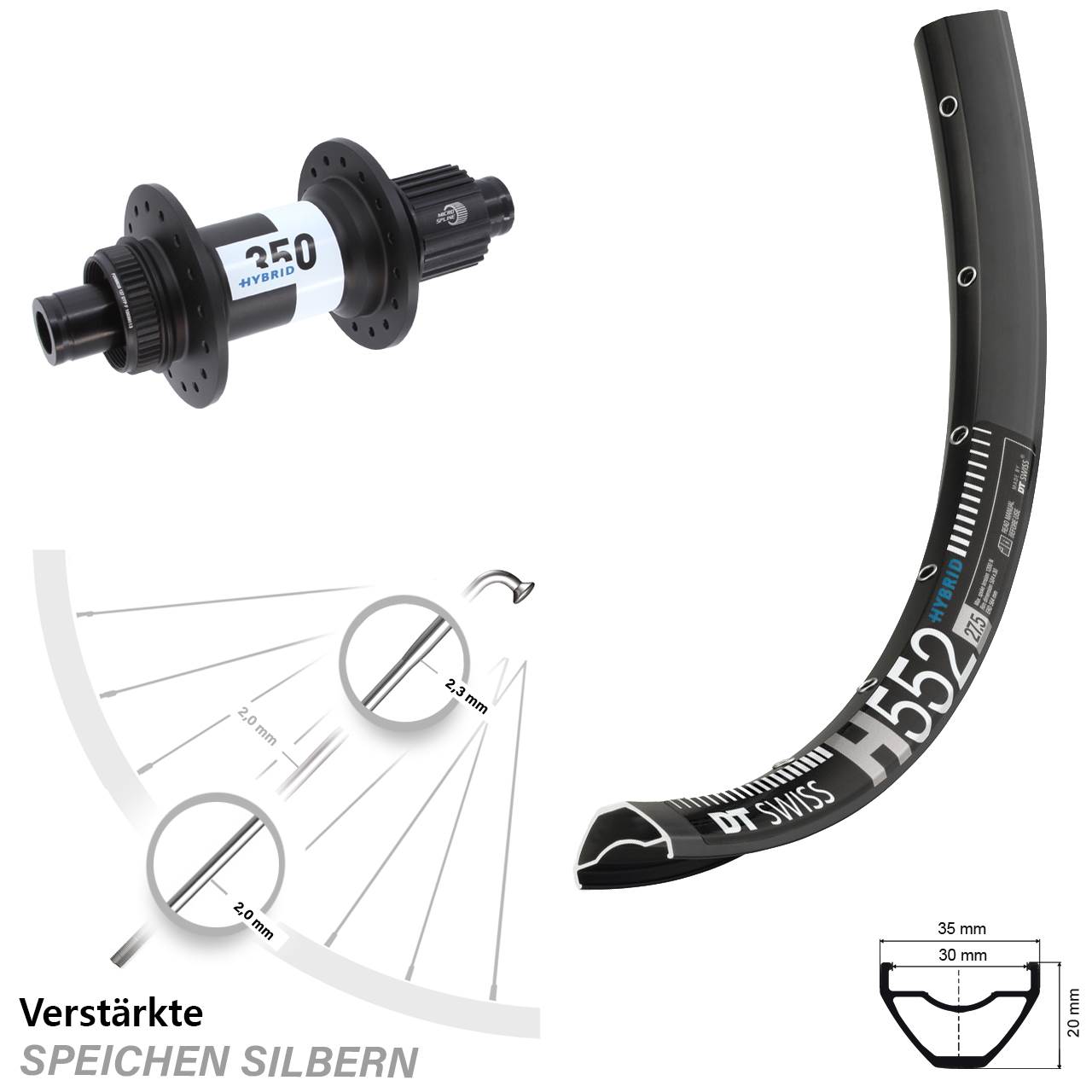 Disc Hinterrad 27,5 Zoll DT Swiss H552 Hybrid 350 Shimano Micro Spline 12x148