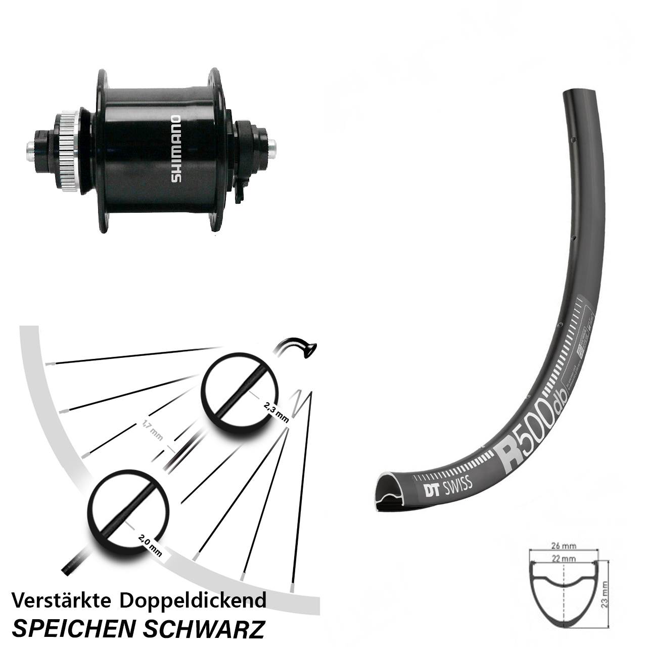 Vorderes Laufrad 28 Zoll DT Swiss R 500 Shimano DH-UR700-3D Dynamo Centerlock
