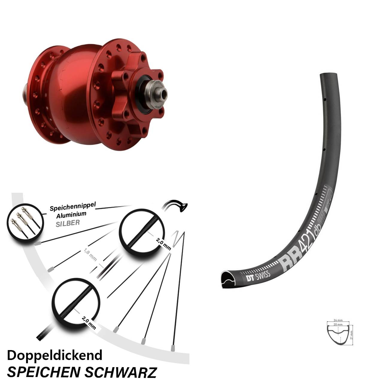 Vorderrad roter SON 28 Zoll DT Swiss RR 421 DB Dynamo Schnellspanner 6-loch