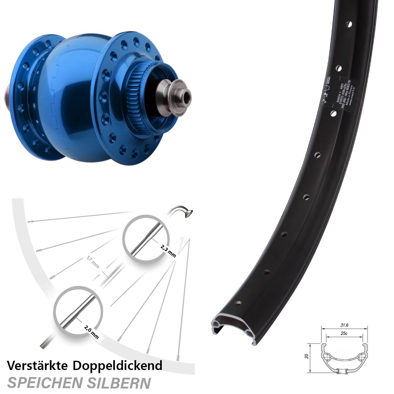 20 Zoll Mach1 Kargo SON 28 blau Dynamo-Vorderrad Centerlock für Schnellspanner