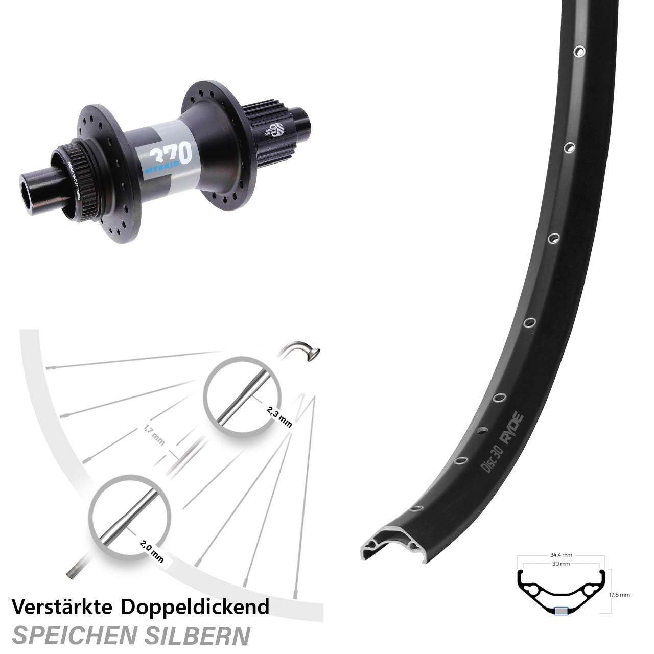 Hinterrad 29 Zoll Ryde Disc 30 DT Swiss 370 Hybrid Shimano Micro Spline 12x148