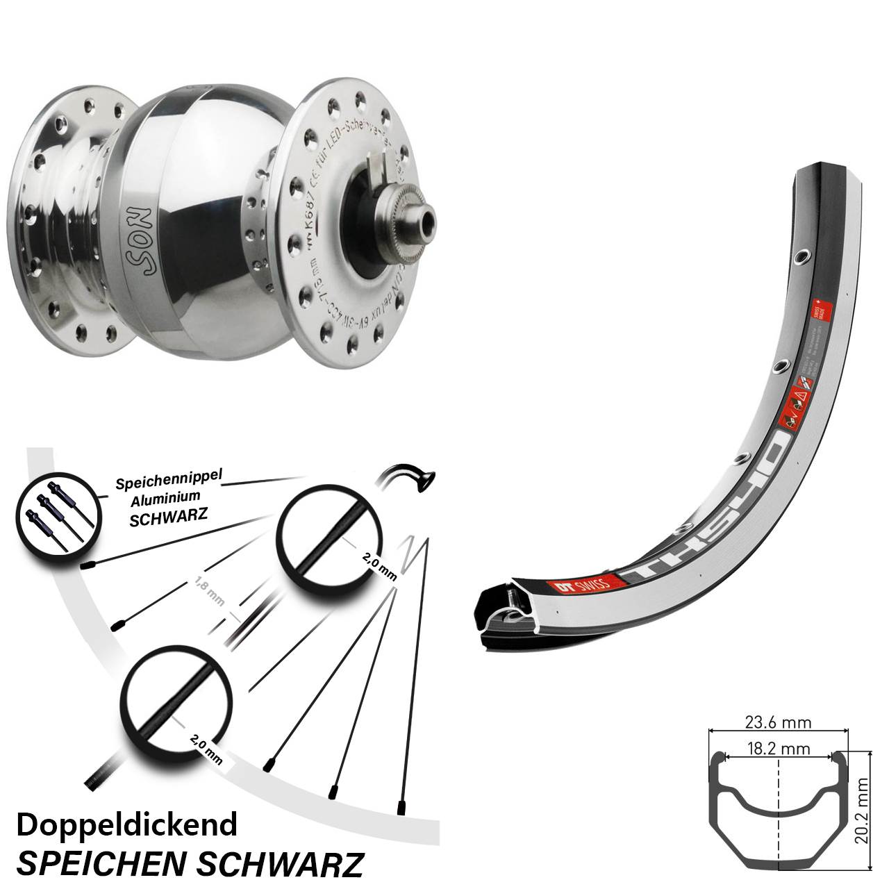 SONdelux wide body DT Swiss TK 540 28 Zoll Nabendynamovorderrad für Schnellspanner