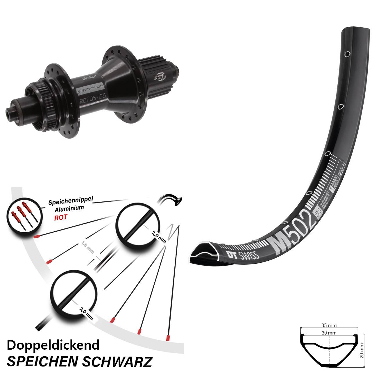 DT Swiss M502-370 Hybrid 29 Zoll Hinterrad Centerlock für Schnellspanner Micro Spline