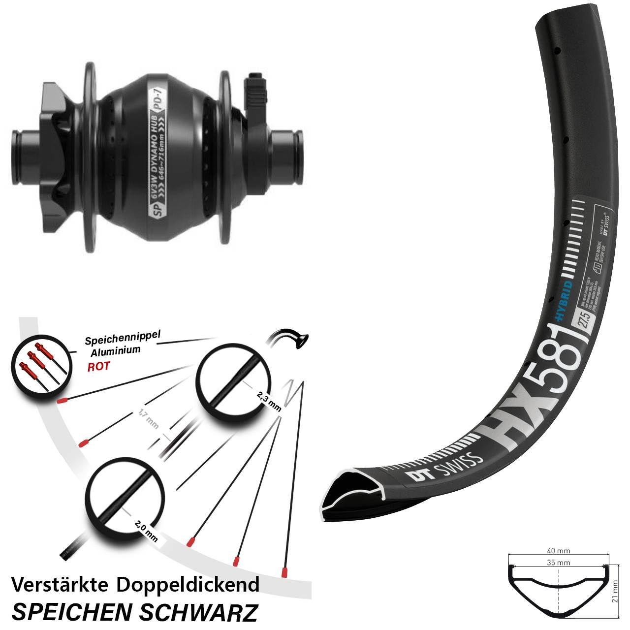 6-Loch Dynamo-Vorderrad 27,5 Zoll DT Swiss HX 581 Shutter PD-7 12x100