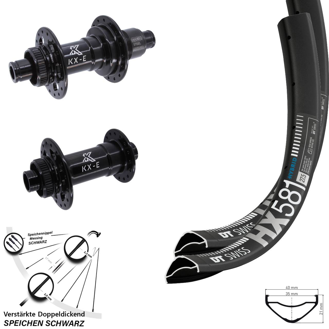 Laufradsatz 15x110 12x148 27,5 Zoll DT Swiss HX581 KX-E Heavy Duty SRAM XD