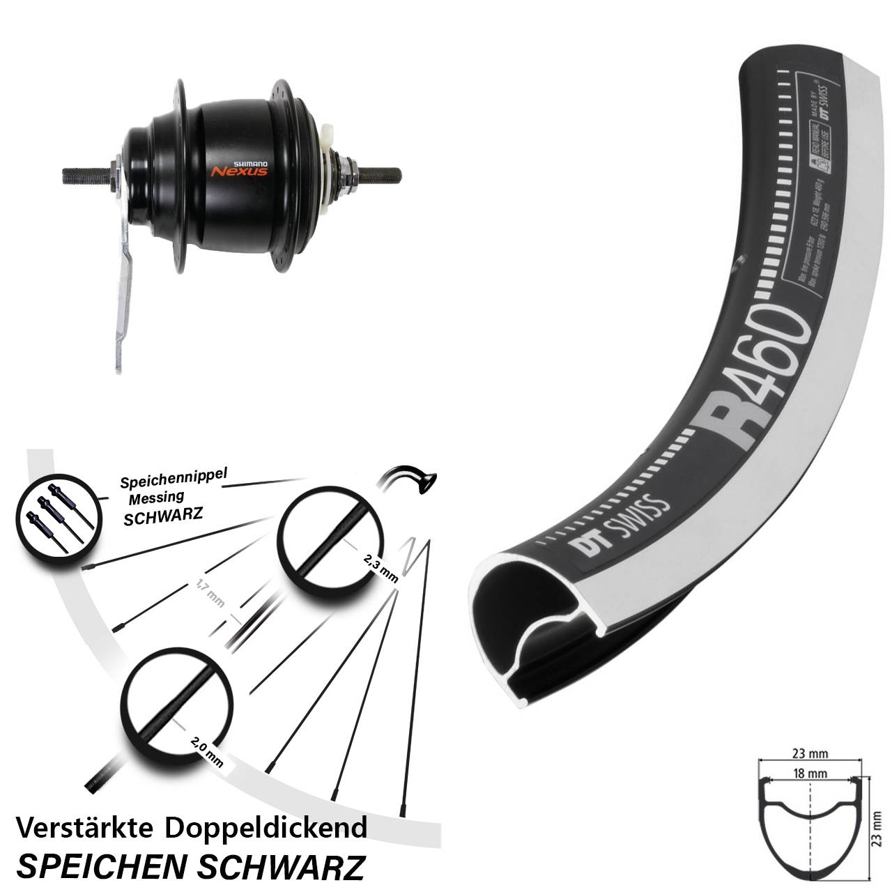 Hinterrad 28 Zoll Shimano Nexus 8 Gang DT Swiss R460 Rücktrittbremse