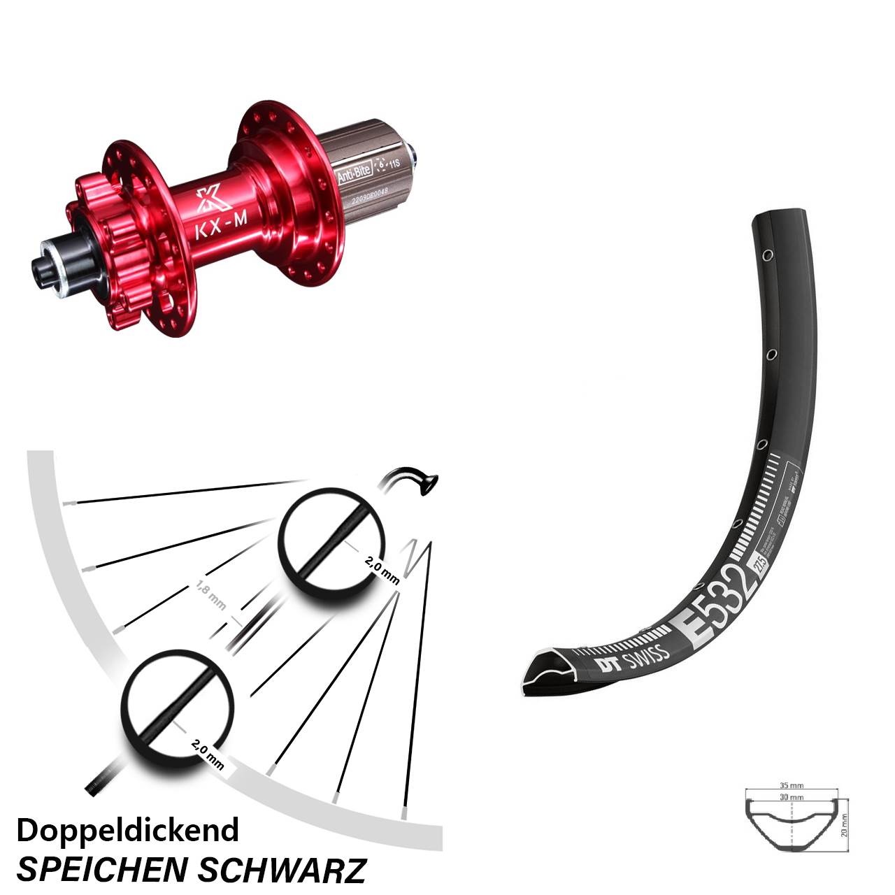 6-Loch Hinterrad 27,5 Zoll DT Swiss E 532 KX-M rot 8-12 fach für Schnellspanner