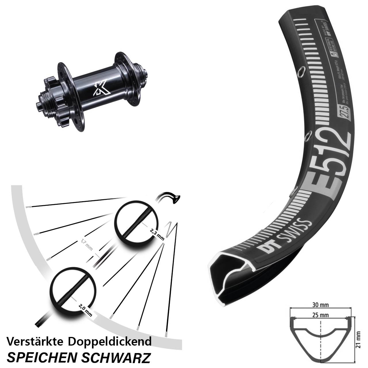 27,5 Zoll DT Swiss E 512 KX-M Vorderrad 6-Loch für Schnellspanner