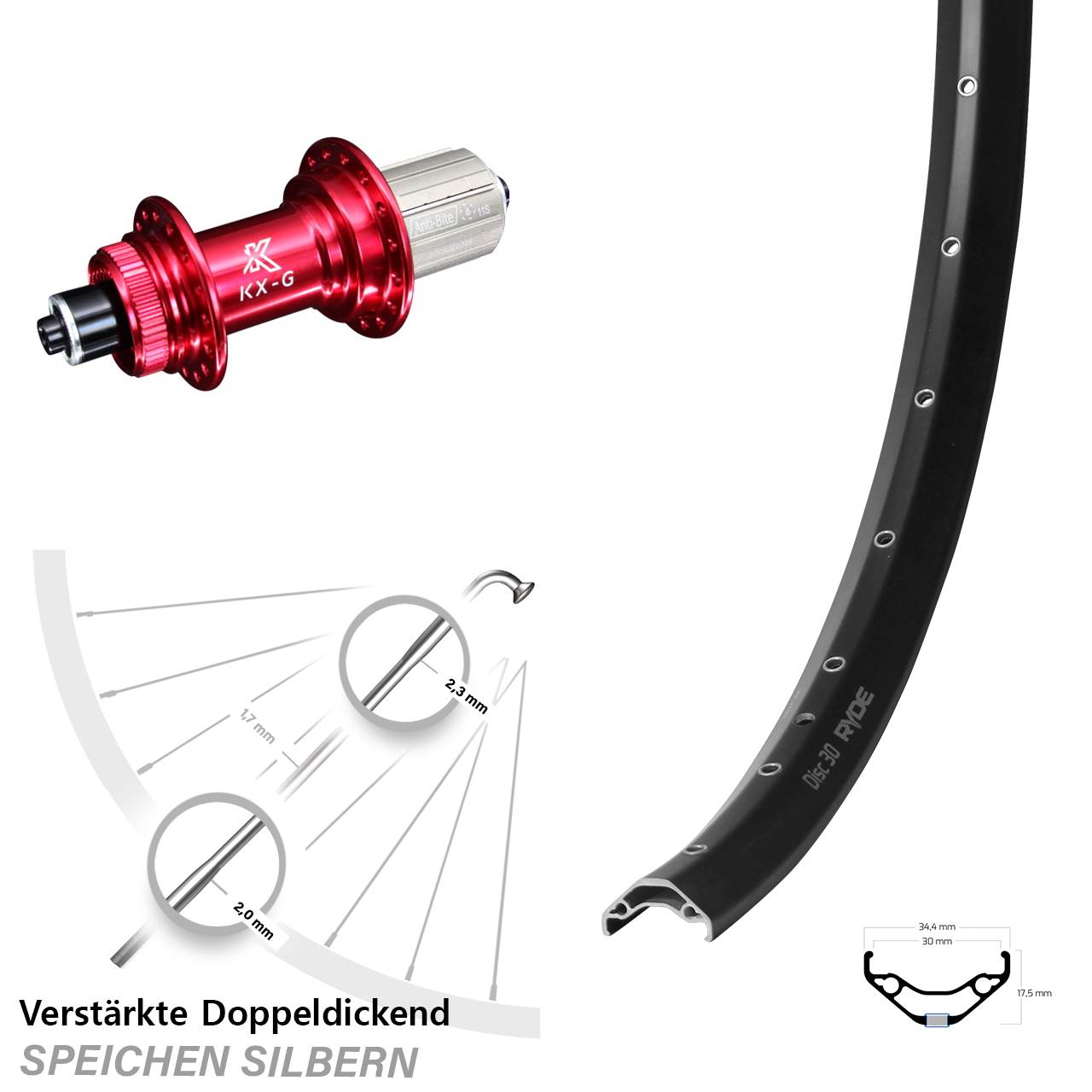 Disc Laufrad 29 Zoll Ryde 30 KX-G rot 8-12 fach HG für Schnellspanner