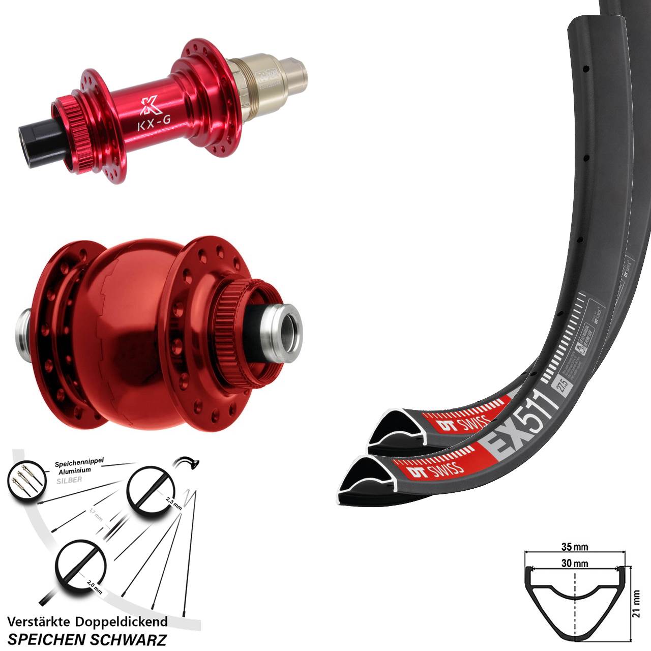 Centerlock Laufradsatz 27,5 Zoll DT Swiss EX511 KX-G rot SON 28 XDR 12x100/142
