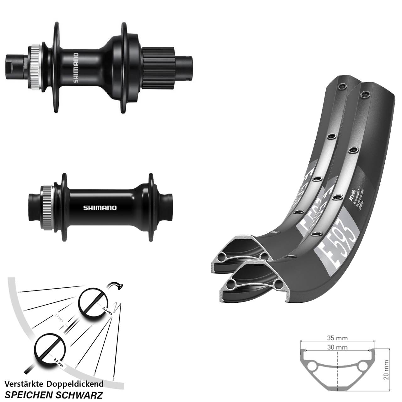 29 Zoll DT Swiss E593 Shimano FH-MT510 HB-TC500 Disc Laufradsatz 15x100 12x142 Micro Spline