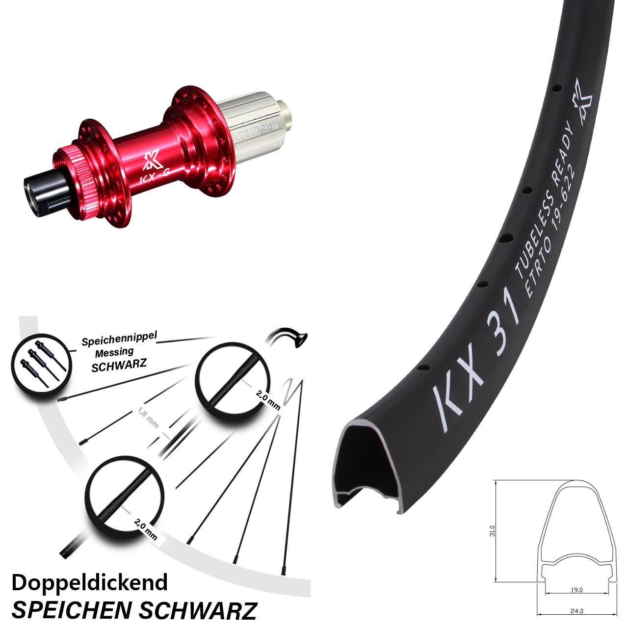 Hinterrad 28 Zoll KX-G 31 rot 8-12 fach 12x142